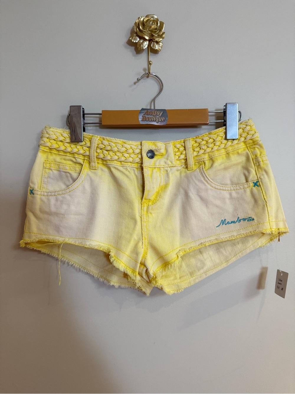 Yellow Braided-Waist Denim Shorts
